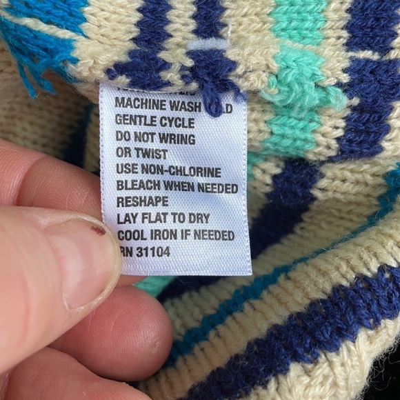 Red Camel Tan Open Front Sweater Cascading Waterfall Blue Stripes Fringes Aztec - Picture 16 of 16